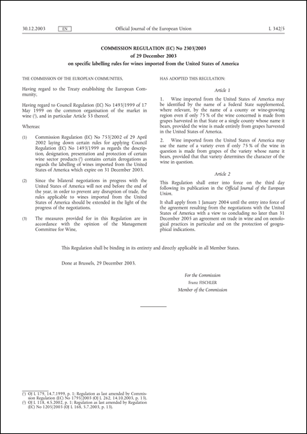 Commission Regulation (EC) No 2303/2003 of 29 December 2003 on specific labelling rules for wines imported from the United States of America