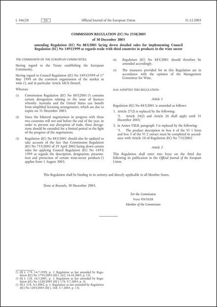 Commission Regulation (EC) No 2338/2003 of 30 December 2003 amending Regulation (EC) No 883/2001 laying down detailed rules for implementing Council Regulation (EC) No 1493/1999 as regards trade with third countries in products in the wine sector