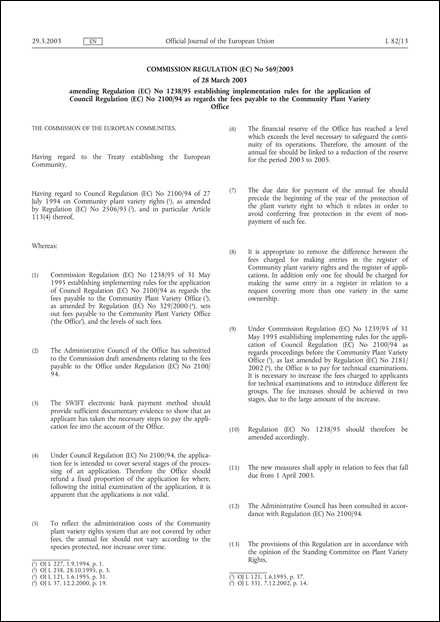 Commission Regulation (EC) No 569/2003 of 28 March 2003 amending Regulation (EC) No 1238/95 establishing implementation rules for the application of Council Regulation (EC) No 2100/94 as regards the fees payable to the Community Plant Variety Office