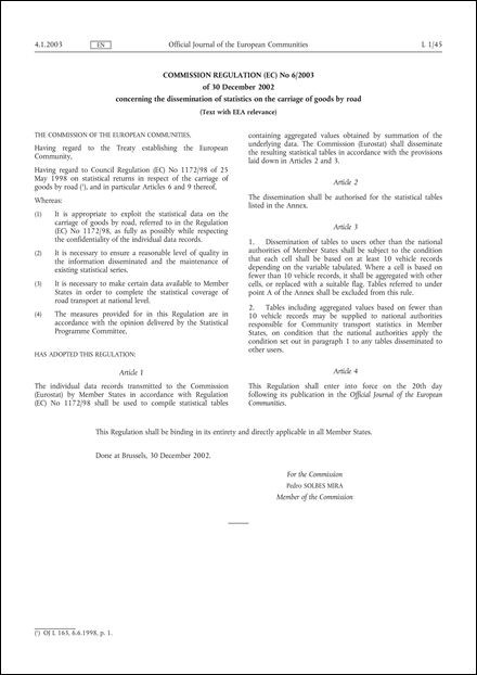 Commission Regulation (EC) No 6/2003 of 30 December 2002 concerning the dissemination of statistics on the carriage of goods by road (Text with EEA relevance)
