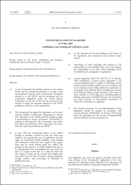 Council Regulation (EC) No 882/2003 of 19 May 2003 establishing a tuna tracking and verification system