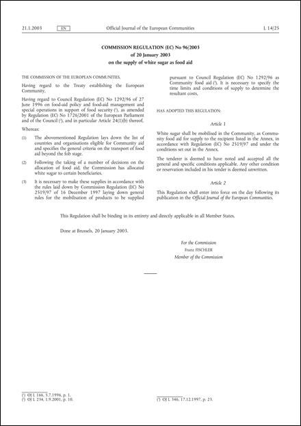 Commission Regulation (EC) No 96/2003 of 20 January 2003 on the supply of white sugar as food aid
