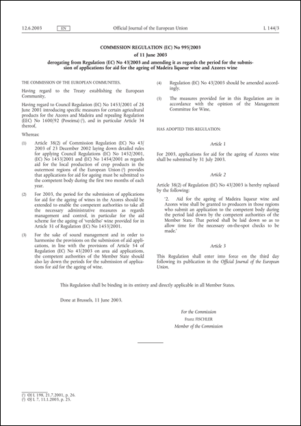 Commission Regulation (EC) No 995/2003 of 11 June 2003 derogating from Regulation (EC) No 43/2003 and amending it as regards the period for the submission of applications for aid for the ageing of Madeira liqueur wine and Azores wine (repealed)