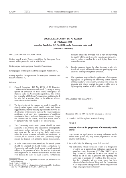 Council Regulation (EC) No 422/2004 of 19 February 2004 amending Regulation (EC) No 40/94 on the Community trade mark (Text with EEA relevance) (repealed)
