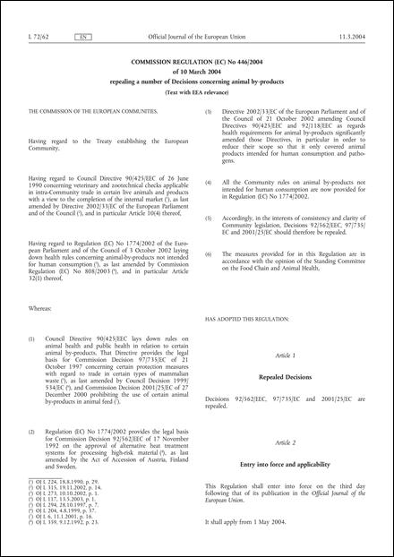 Commission Regulation (EC) No 446/2004 of 10 March 2004 repealing a number of Decisions concerning animal by-products (Text with EEA relevance)