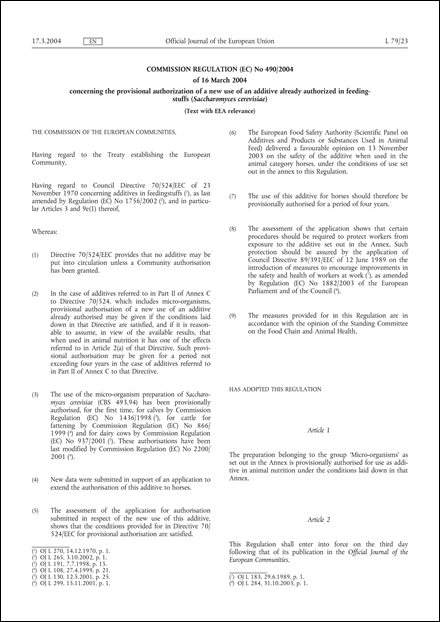 Commission Regulation (EC) No 490/2004 of 16 March 2004 concerning the provisional authorization of a new use of an additive already authorized in feedingstuffs (Saccharomyces cerevisiae) (Text with EEA relevance)