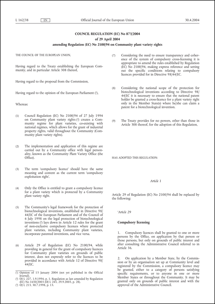Council Regulation (EC) No 873/2004 of 29 April 2004 amending Regulation (EC) No 2100/94 on Community plant variety rights