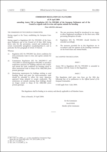 Commission Regulation (EC) No 876/2004 of 29 April 2004 amending Annex VIII to Regulation (EC) No 999/2001 of the European Parliament and of the Council as regards trade in ovine and caprine animals for breeding (Text with EEA relevance)