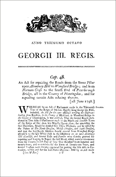 Alconbury Hill and Norman Cross Roads (Huntingdonshire) Act 1798