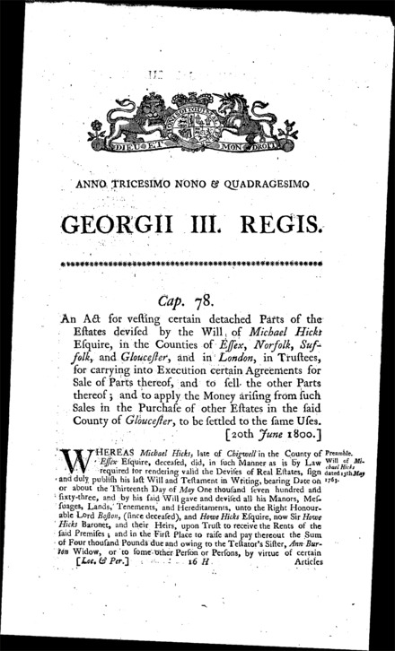 Hicks' Estate Act 1800