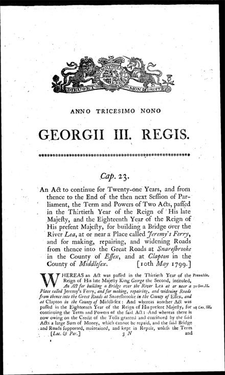 Jeremy's Ferry Bridge and Roads (Essex and Middlesex) Act 1799