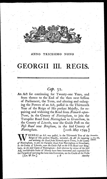 Newark-upon-Trent and Bingham Road Act 1799