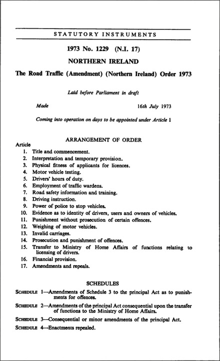 The Road Traffic (Amendment) (Northern Ireland) Order 1973