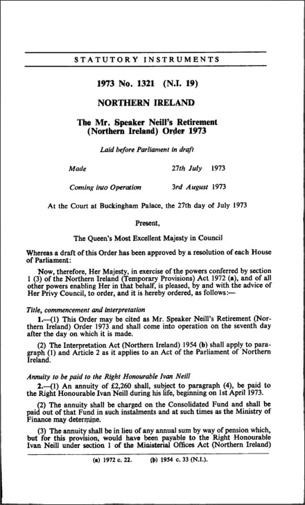 The Mr. Speaker Neill's Retirement (Northern Ireland) Order 1973