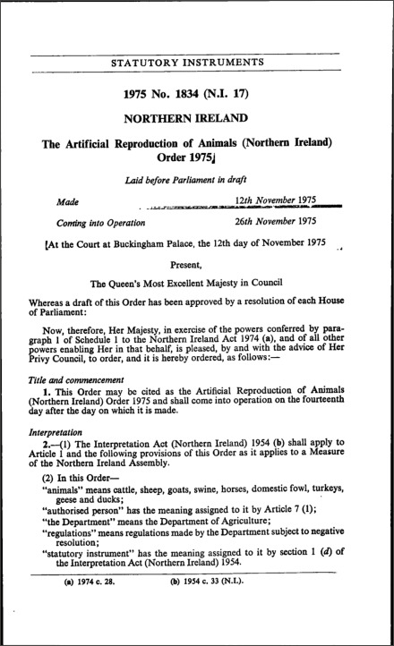 The Artificial Reproduction of Animals (Northern Ireland) Order 1975