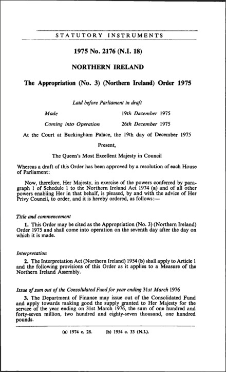 The Appropriation (Northern Ireland) Order 1975
