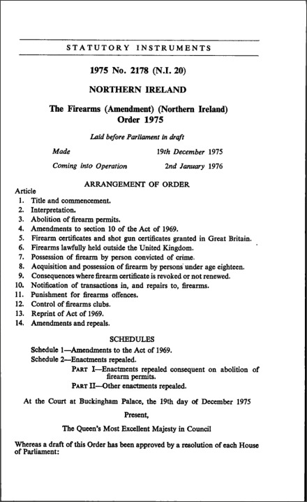 The Firearms (Amendment) (Northern Ireland) Order 1975