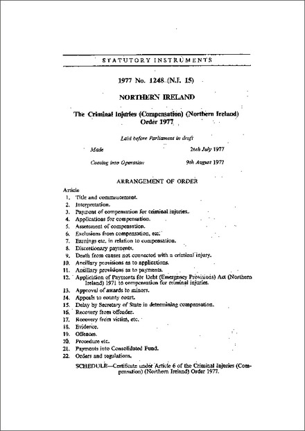 The Criminal Injuries (Compensation) (Northern Ireland) Order 1977