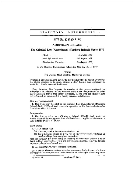The Criminal Law (Amendment) (Northern Ireland) Order 1977