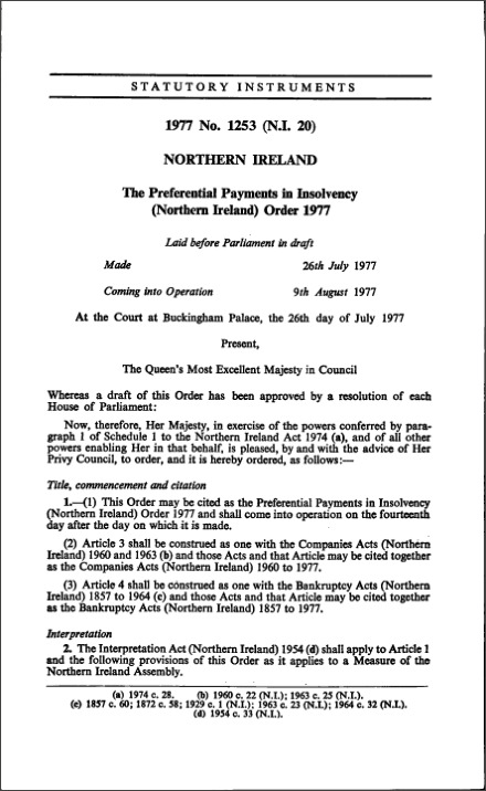 The Preferential Payments in Insolvency (Northern Ireland) Order 1977