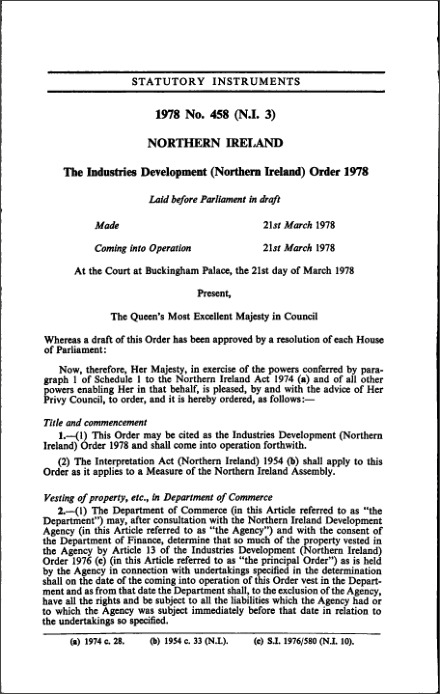 The Industries Development (Northern Ireland) Order 1978