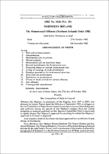 The Homosexual Offences (Northern Ireland) Order 1982