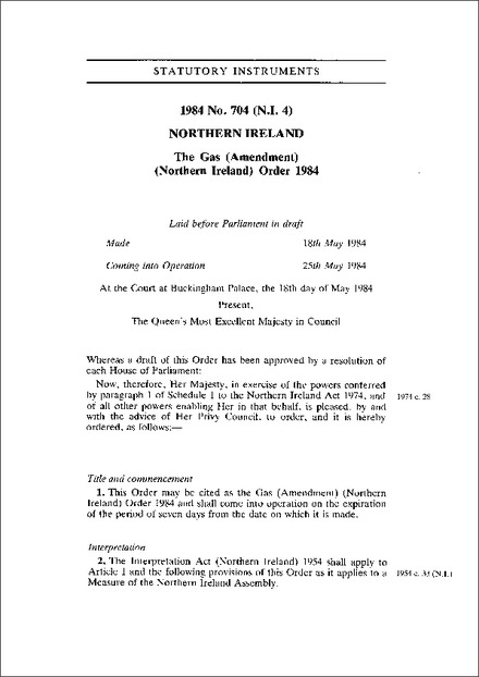 The Gas (Amendment) (Northern Ireland) Order 1984