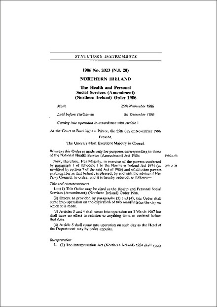 The Health and Personal Social Services (Amendment) (Northern Ireland) Order 1986