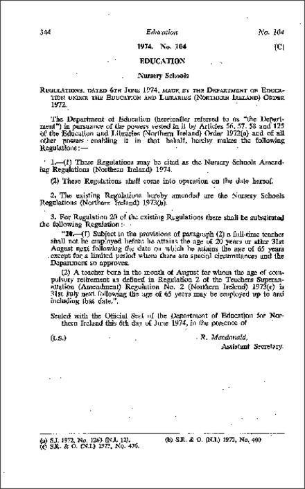 The Nursery Schools Amending Regulations (Northern Ireland) 1974