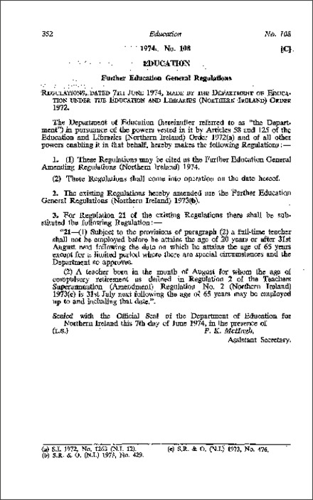 The Further Education General Amending Regulations (Northern Ireland) 1974