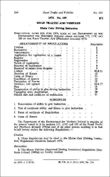 The Motor Cars (Driving Instruction) Regulations (Northern Ireland) 1974