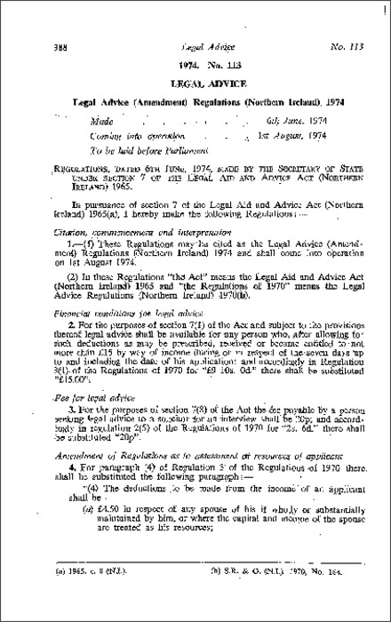 The Legal Advice (Amendment) Regulations (Northern Ireland) 1974