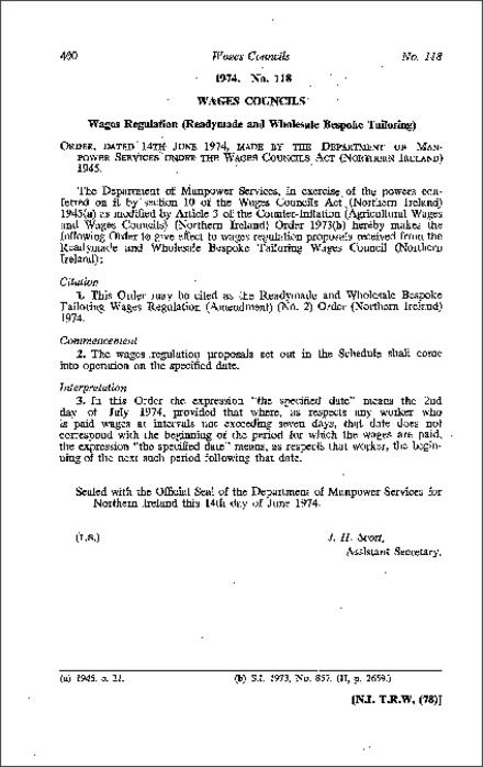 The Readymade and Wholesale Bespoke Tailoring Wages Regulations (Amendment) (No. 2) Order (Northern Ireland) 1974