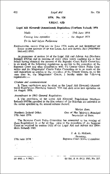 The Legal Aid (General) (Amendment) Regulations (Northern Ireland) 1974