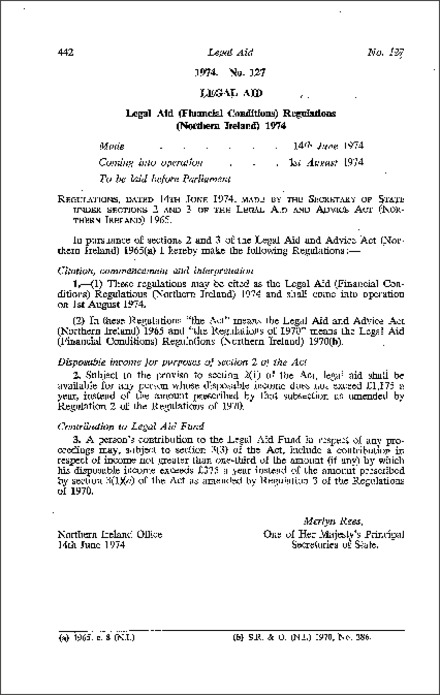 The Legal Aid (Financial Conditions) Regulations (Northern Ireland) 1974