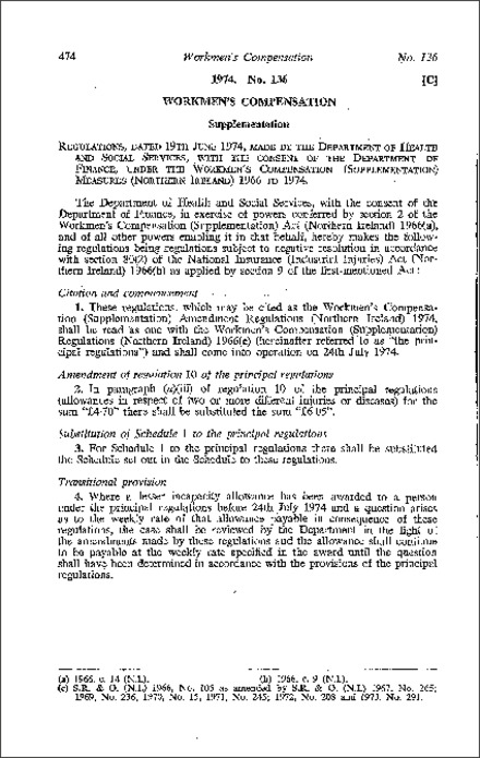 The Workmen's Compensation (Supplementation) Amendment Regulations (Northern Ireland) 1974