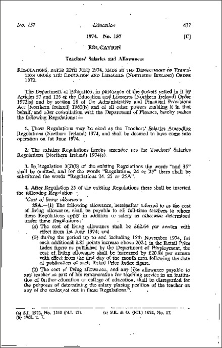 The Teachers' Salaries Amendment Regulations (Northern Ireland) 1974