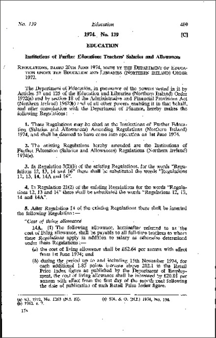 The Salaries and Allowances Amendment Regulations (Northern Ireland) 1974