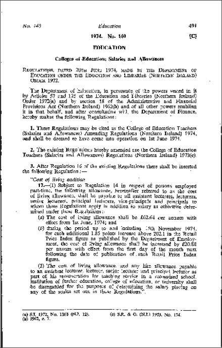 The College of Education Teachers (Salaries and Allowances) Amendment Regulations (Northern Ireland) 1974