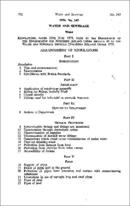 The Water Regulations (Northern Ireland) 1974