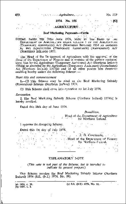 The Beef Marketing Subsidy (Revocation) Scheme (Northern Ireland) 1974