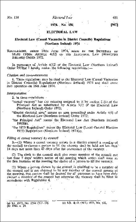 The Electoral Law (Casual Vacancies in District Councils) Regulations (Northern Ireland) 1974