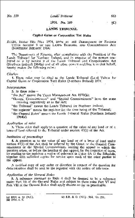 The Lands Tribunal (Land Values for Capital Gains or Corporation Tax) Rules (Northern Ireland) 1974