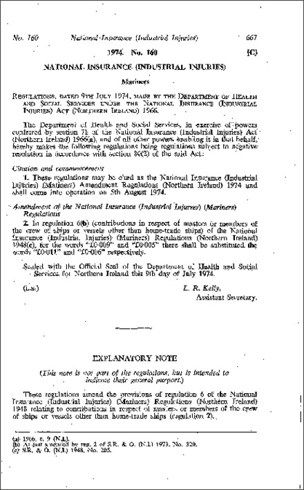 The National Insurance (Industrial Injuries) (Mariners) Amendment Regulations (Northern Ireland) 1974