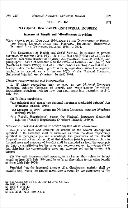 The National Insurance (Industrial Injuries) (Increase of Benefit and Miscellaneous Provisions) Regulations (Northern Ireland) 1974