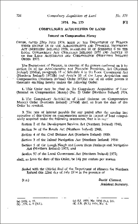 The Compulsory Acquisition of Land (Interest on Compensation Money) (No. 2) Order (Northern Ireland) 1974