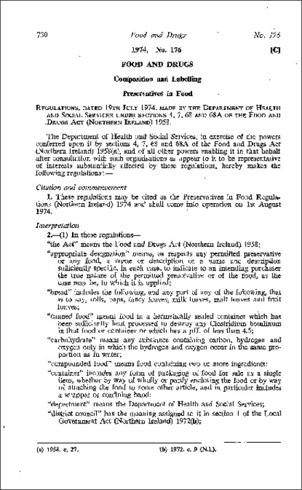 The Preservatives in Food Regulations (Northern Ireland) 1974