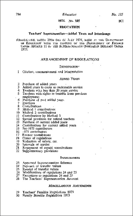 The Teachers' Superannuation (Added Years and Interchange) Regulations (Northern Ireland) 1974