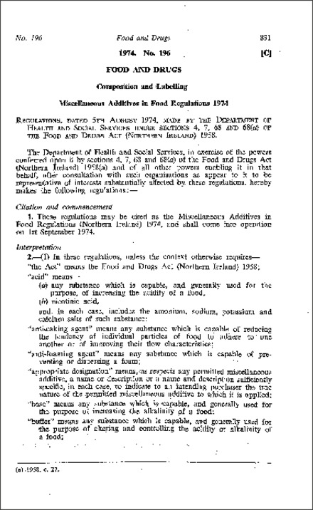 The Miscellaneous Additives in Food Regulations (Northern Ireland) 1974