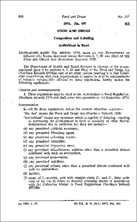 The Antioxidant in Food Regulations (Northern Ireland) 1974